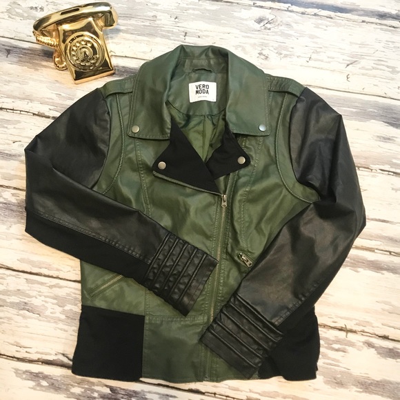 Vero Moda Green and Black Moto jacket. Size large!